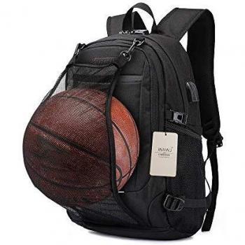 WAWJ Mochila antirrobo Impermeable, Mochila para Portátil Multiusos Daypacks con Puerto de Carga USB y Toma de Auriculares Mochila con la Red de Baloncesto