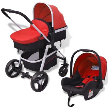 Cochecito de bebé 3 en 1 plegable de aluminio rojo y negro