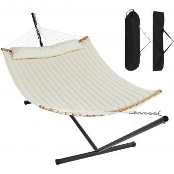 Vevor Double Hammock with Stand, 2-Person Capacity 217 kg, Curved Spreader Bar, Detachable Pillow, Portable Carry Bag