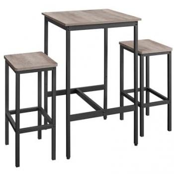 Mesa Alta con 2 Taburetes Estilo Industrial para Cocina y Comedor, dimensiones 60x60x90 cm, colores Greige, Marrón Rústico, Negro Ébano y Roble Dorado