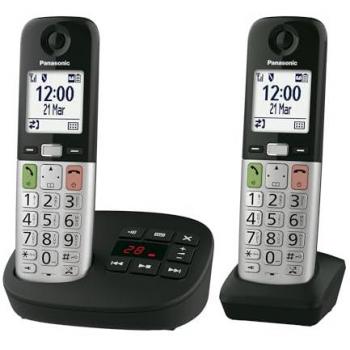 Teléfono Inalámbrico Digital Panasonic KX-TGU432EXB Dúo con Contestador Automático, Volumen Amplificado, Pantalla LCD y Linterna, Negro y Plateado