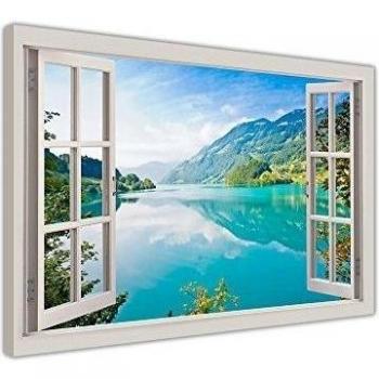 CANVAS IT UP Lienzo Decorativo para Pared, diseño con Texto en inglés Mountain View Lake and Forest Window EFECT VEW, tamaño 101 cm x 76 cm