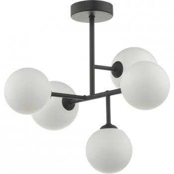 Plafón Euan negro mate con cristal opal, 5 bombillas, diámetro de 38 cm