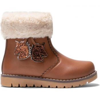 Botas de niña Conguitos con collarín de pelo y dibujo de unicornio, color marrón, cierre con cremallera