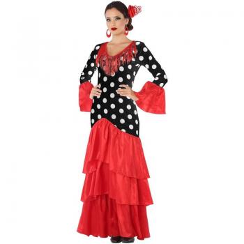 Disfraz de Flamenca o Sevillana rojo y negro para mujer - Incluye vestido largo con volantes, diseño en colores rojo y negro, ajuste a la cintura, mangas amplias, tejido ligero y cómodo, ideal para fiestas temáticas
