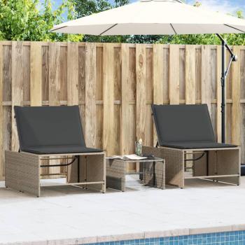 Tumbonas con mesita 2 unidades ratán sintético gris para exterior, ideales para jardín, playa, piscina y terraza