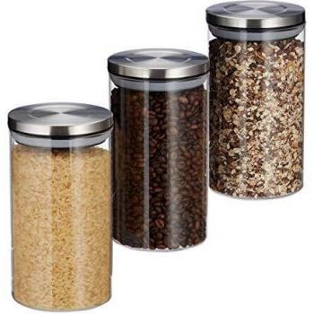 Relaxdays Recipientes para Alimentos, Botes de 1L, Tapa de Acero Inoxidable, Tarro para Galletas, 3 Uds, Transparente, 1 L
