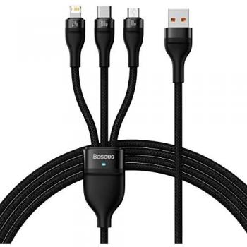 Baseus Flash Series Ⅱ Cable de datos de carga rápida uno por tres USB a M+L+C 100W 1.2m Negro