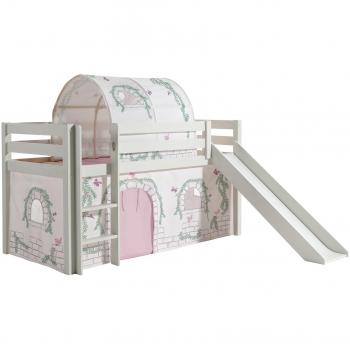 Cama litera con tobogán 90x200 cm, tienda y túnel de pino macizo blanco