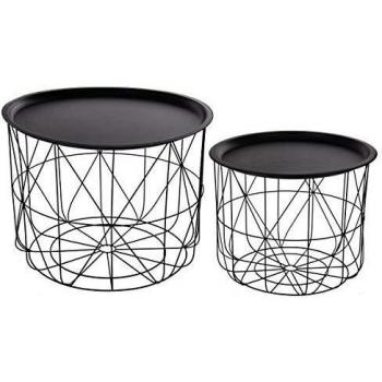 Set de 2 mesas de centro modernas en metal negro con diseño apilable y superficie removible