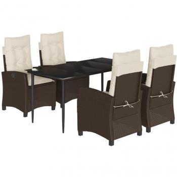 5-Piece Brown Poly Rattan Garden Dining Set with Cushions