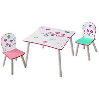 Hello Home Conjunto Infantil de Mesa y Sillas de Flores y Pájaros, Madera, Blanco, 63x63x52.5 cm