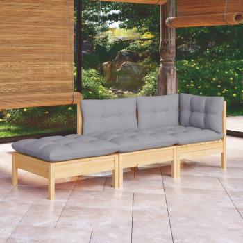 3 Piece Garden Lounge Set with Grey Cushions Solid Pinewood
