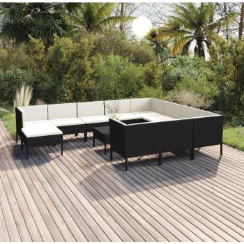 12-Piece Black Poly Rattan Garden Lounge Set with Cushions