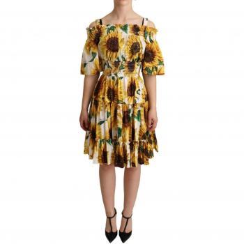 Dolce & Gabbana Sunflower Print Cold Shoulder Dress - IT42|M, Summer Dresses, Female, Yellow, Size: S
