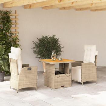 Set de Comedor de Jardín 3 Piezas con Cojines de Ratán Sintético Beige