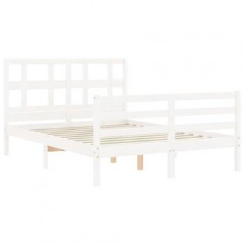 Estructura de Cama Doble con Cabecero de Madera Maciza Blanca 140x200 cm