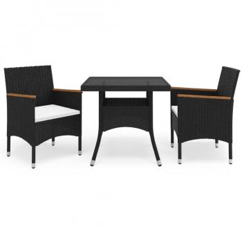 3-Piece Black Poly Rattan and Acacia Garden Dining Set