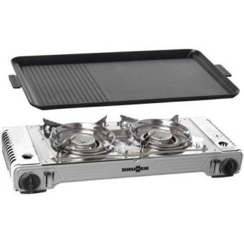 Cocina de gas portátil Brunner Devil Double Grill con parrilla, 2 quemadores de 2.2 kW, color gris