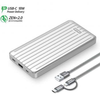 Zendure Slim USB-C powerbank 10000mah, bateria externa para movil, ultrafino 2 Puertos Cargador Portátil con 18W Power Delivery, QC 3.0 carga rápida y 2 en 1 Cable de carga para iPhone, iPad Air, Samsung Galaxy, Huawei, HTC, Nintendo Switch y más, Plat