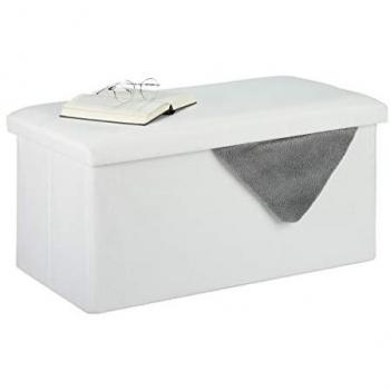 Banco Almacenaje Acolchado Efecto Lino, 38 x 76,5 x 38,5 cm, Blanco - Relaxdays