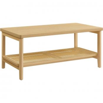 Mesa de centro Boho de 2 niveles con estante de ratán y esquinas redondeadas, color beige roble