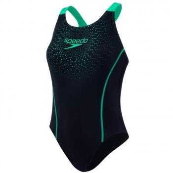 Speedo Gala Logo Medalist Bañador, Mujer, Negro/Verde Falso, 38