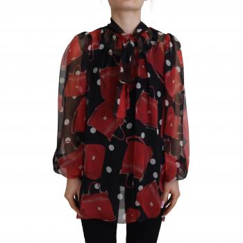 Dolce & Gabbana Black Red Sicily Bag Silk Shirt Top Blouse - IT40|S, Female, Black, Size: XS