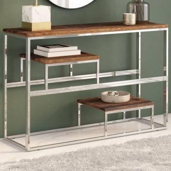 Mesa consola de acero inoxidable plateado y madera maciza con acabado plateado