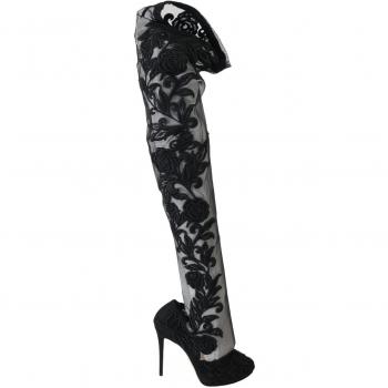 Dolce & Gabbana Floral Embroidered Over-Knee Boots - Black, Size: EU39/US8.5