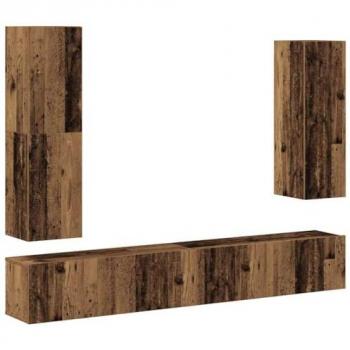 Conjunto de mueble de TV montado en la pared, 4 piezas, madera envejecida y madera compuesta