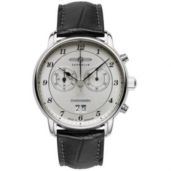 Zeppelin Friedrichshafen Men's Quartz Chronograph Watch with Leather Strap and Silver Dial