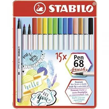 Estuche Metálico con 15 Marcadores de Pincel STABILO Pen 68 Brush - Colores Asortidos
