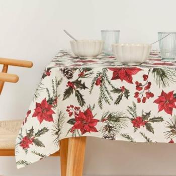 Mantel Colección Christmas de Navidad - 100% algodón - Impermeable para la mesa de la cocina y comedor, Belum Mantel resinado antimanchas Belum Christmas Flowers Rojo Verde Natural 200 x 150 cm, Mant
