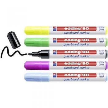 edding 90-5-999 - Estuche 5 marcadores edding 90 para pizarras de cristal, se borra en seco, colores negro, violeta, amarillo, verde y azul
