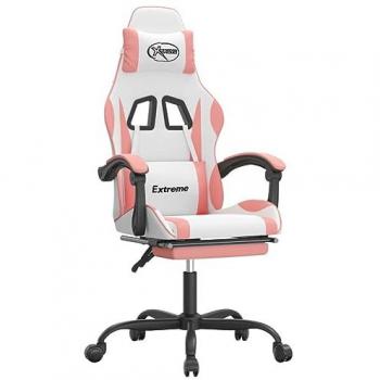 Silla gaming giratoria y reposapiés cuero sintético blanco rosa