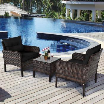 3-Piece Black Rattan Patio Furniture Set with Washable Cushions