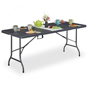 Mesa de Jardín Plegable Efecto Ratán con Asa de Transporte 72x180x74 cm Plástico y Metal Color Gris