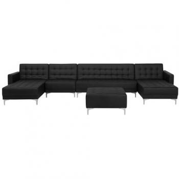 Sofá XXL Modular en U con Chaise Longue y Reposapiés de Piel Sintética Negra Aberdeen para 6 Plazas
