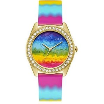 GUESS Reloj de cuarzo de acero inoxidable para mujer con correa de silicona, multicolor, 20