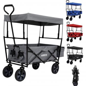Carro de Mano Plegable AREBOS - Carga 70 kg - ECO - Carrito Playa con Techo, Barra Telescópica para Empujar y Ruedas Giratorias de 360° - Carreta Plegable