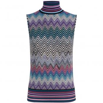 Missoni Women's Zig Zag Motif Wool Top in Clear Blue, Size 44, Sleeveless, Multicolor, Zigzag Knit Top