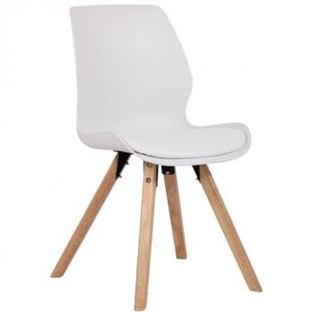 Silla de salón Luna con asiento acolchado blanco, plástico y base de madera