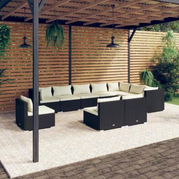 10-Piece Black Poly Rattan Garden Lounge Set with Cushions