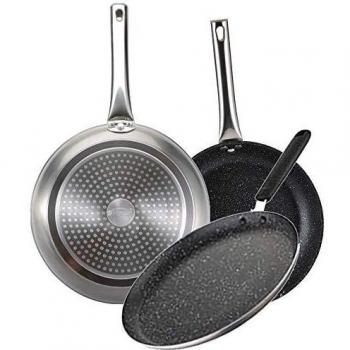 Bergner Set Neon Silver: sartenes Ø20 y Ø24 y para crepes Ø24 cm, aluminio forjado, antiadherente mármol, inducción, con mangos tubulares en acero inoxidable