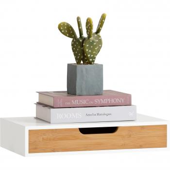 Estante de Pared SoBuy FRG92-WN con Cajón, Estantería de Almacenamiento para Sala, Diseño Moderno, Color Blanco y Natural