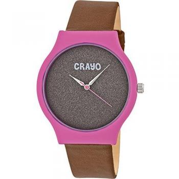 Crayo Glitter Unisex Quartz Watch - Brown Leather Strap with Hot Pink Accents