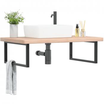Estante de lavabo de pared de acero y madera maciza de roble