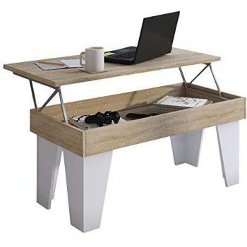 Skraut Home - Mesa de Centro Elevable - 45 x 92 x 50 cm - Mesa de café con almacenaje - Modelo KL - Resistente - Fácil Montaje - Acabado Madera - Roble y Blanco