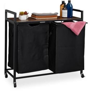 Mueble para Ropa Sucia con 2 Cestos Extraíbles y Ruedas, Estantería de Diseño Industrial en Negro y Marrón - Relaxdays